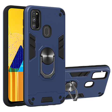 Custodia Silicone e Plastica Opaca Cover con Magnetico Anello Supporto Y01B per Samsung Galaxy M30s Blu