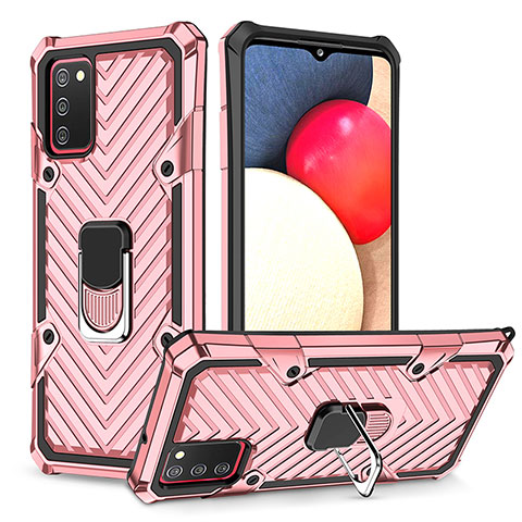 Custodia Silicone e Plastica Opaca Cover con Magnetico Anello Supporto YF1 per Samsung Galaxy A02s Oro Rosa