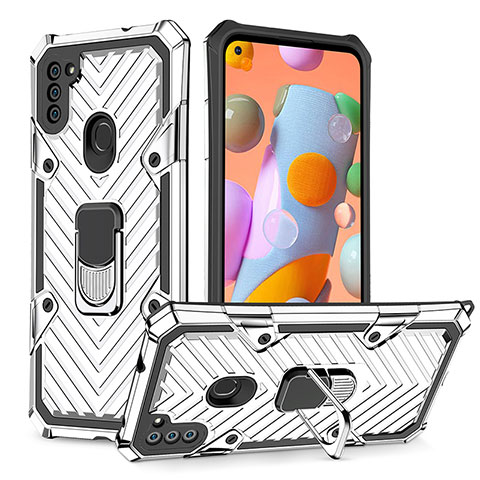 Custodia Silicone e Plastica Opaca Cover con Magnetico Anello Supporto YF1 per Samsung Galaxy A11 Argento