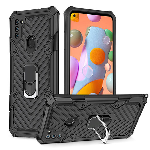 Custodia Silicone e Plastica Opaca Cover con Magnetico Anello Supporto YF1 per Samsung Galaxy A11 Nero