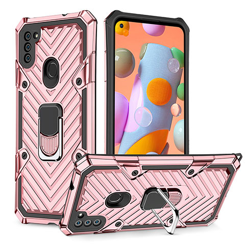 Custodia Silicone e Plastica Opaca Cover con Magnetico Anello Supporto YF1 per Samsung Galaxy A11 Oro Rosa