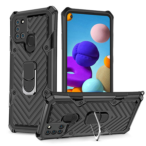 Custodia Silicone e Plastica Opaca Cover con Magnetico Anello Supporto YF1 per Samsung Galaxy A21s Nero