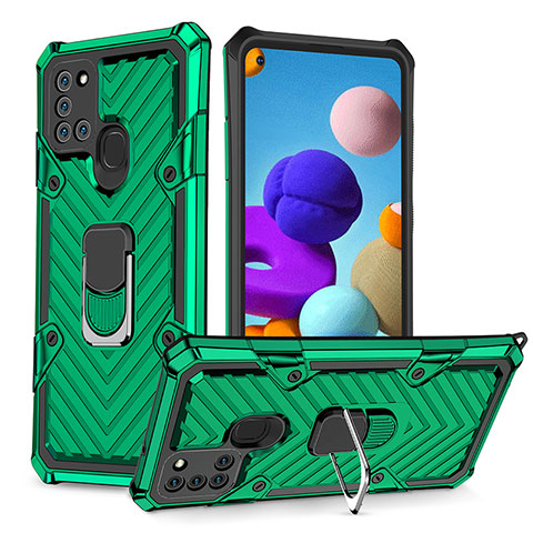 Custodia Silicone e Plastica Opaca Cover con Magnetico Anello Supporto YF1 per Samsung Galaxy A21s Verde