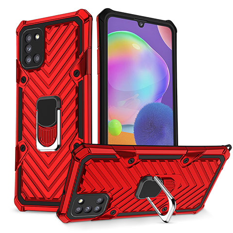 Custodia Silicone e Plastica Opaca Cover con Magnetico Anello Supporto YF1 per Samsung Galaxy A31 Rosso