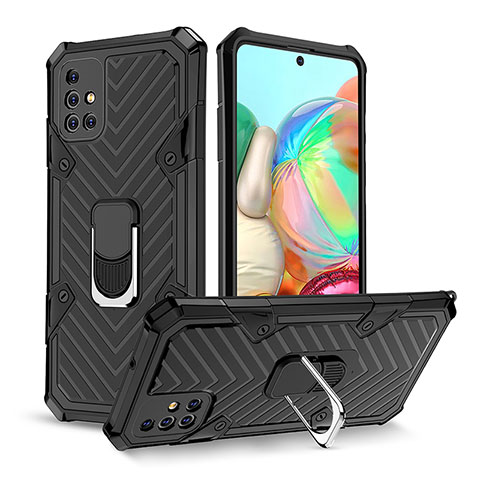 Custodia Silicone e Plastica Opaca Cover con Magnetico Anello Supporto YF1 per Samsung Galaxy A71 5G Nero