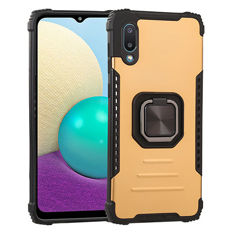 Custodia Silicone e Plastica Opaca Cover con Magnetico Anello Supporto ZJ1 per Samsung Galaxy A02 Oro