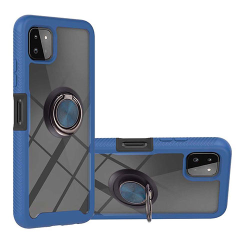Custodia Silicone e Plastica Opaca Cover con Magnetico Anello Supporto ZJ5 per Samsung Galaxy A22s 5G Blu