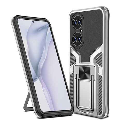 Custodia Silicone e Plastica Opaca Cover con Magnetico Anello Supporto ZL1 per Huawei P50 Pro Argento