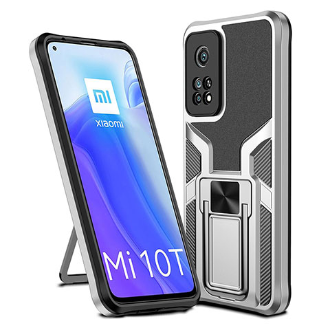 Custodia Silicone e Plastica Opaca Cover con Magnetico Anello Supporto ZL1 per Xiaomi Mi 10T Pro 5G Argento