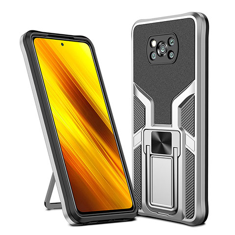 Custodia Silicone e Plastica Opaca Cover con Magnetico Anello Supporto ZL1 per Xiaomi Poco X3 Argento