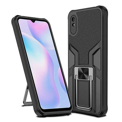 Custodia Silicone e Plastica Opaca Cover con Magnetico Anello Supporto ZL1 per Xiaomi Redmi 9A Nero