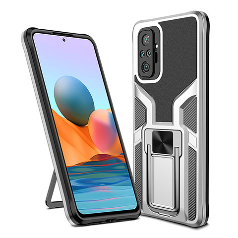 Custodia Silicone e Plastica Opaca Cover con Magnetico Anello Supporto ZL1 per Xiaomi Redmi Note 10 Pro Max Argento