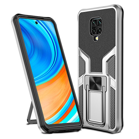 Custodia Silicone e Plastica Opaca Cover con Magnetico Anello Supporto ZL1 per Xiaomi Redmi Note 9S Argento