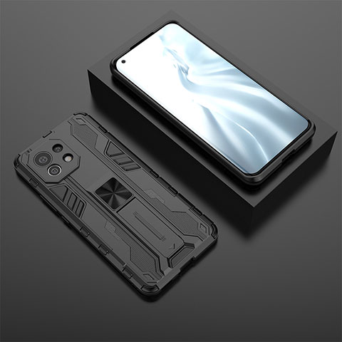 Custodia Silicone e Plastica Opaca Cover con Magnetico Supporto H03 per Xiaomi Mi 11 5G Nero