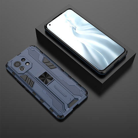 Custodia Silicone e Plastica Opaca Cover con Magnetico Supporto H03 per Xiaomi Mi 11 Lite 4G Blu