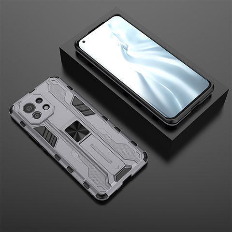 Custodia Silicone e Plastica Opaca Cover con Magnetico Supporto H03 per Xiaomi Mi 11 Lite 4G Grigio