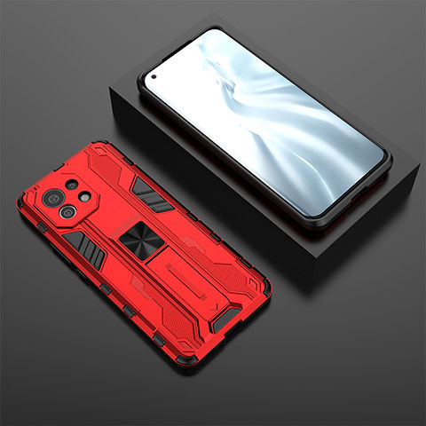 Custodia Silicone e Plastica Opaca Cover con Magnetico Supporto H03 per Xiaomi Mi 11 Lite 4G Rosso