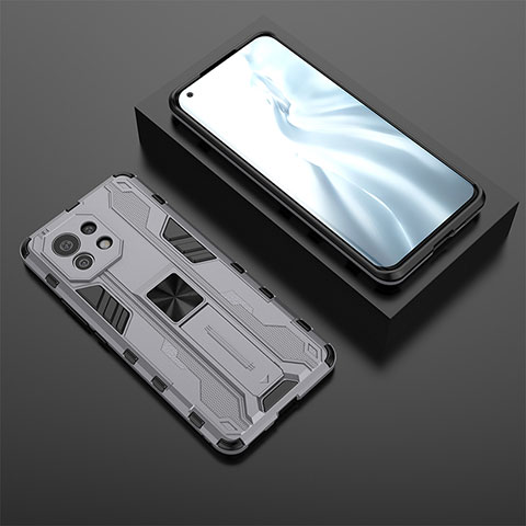 Custodia Silicone e Plastica Opaca Cover con Magnetico Supporto H03 per Xiaomi Mi 11 Lite 5G NE Grigio