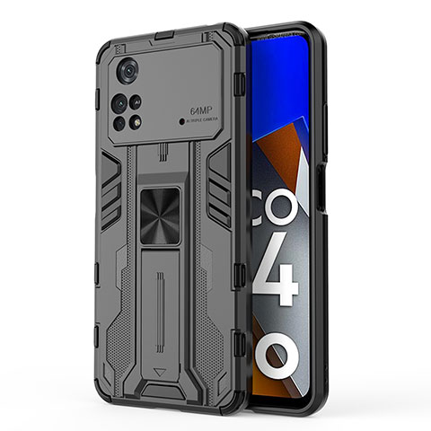 Custodia Silicone e Plastica Opaca Cover con Magnetico Supporto KC1 per Xiaomi Poco M4 Pro 4G Nero