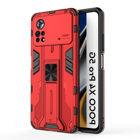 Custodia Silicone e Plastica Opaca Cover con Magnetico Supporto KC1 per Xiaomi Poco X4 Pro 5G Rosso