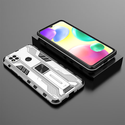 Custodia Silicone e Plastica Opaca Cover con Magnetico Supporto KC1 per Xiaomi Redmi 9C Argento