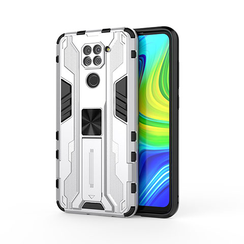 Custodia Silicone e Plastica Opaca Cover con Magnetico Supporto KC1 per Xiaomi Redmi Note 9 Argento