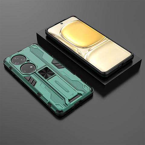 Custodia Silicone e Plastica Opaca Cover con Magnetico Supporto KC2 per Huawei P50 Verde