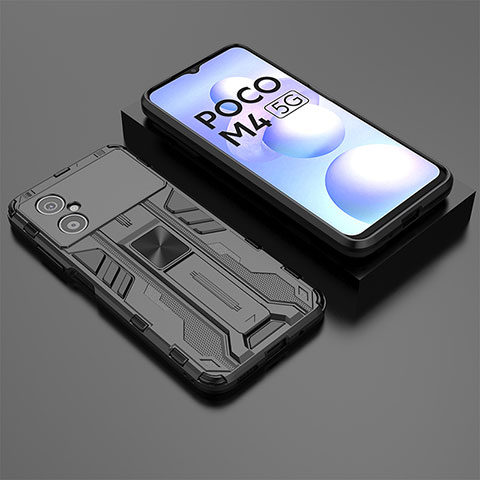 Custodia Silicone e Plastica Opaca Cover con Magnetico Supporto KC2 per Xiaomi Poco M4 5G Nero