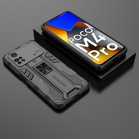 Custodia Silicone e Plastica Opaca Cover con Magnetico Supporto KC2 per Xiaomi Poco M4 Pro 4G Nero