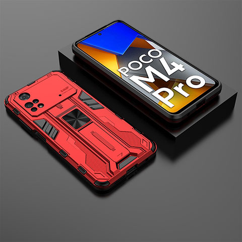 Custodia Silicone e Plastica Opaca Cover con Magnetico Supporto KC2 per Xiaomi Poco M4 Pro 4G Rosso