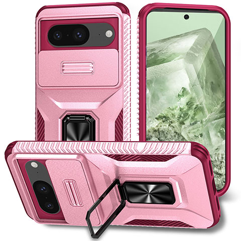 Custodia Silicone e Plastica Opaca Cover con Magnetico Supporto MQ1 per Google Pixel 8 5G Rosa Caldo