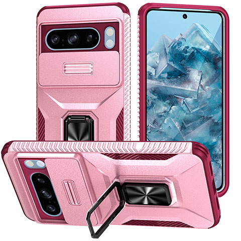 Custodia Silicone e Plastica Opaca Cover con Magnetico Supporto MQ1 per Google Pixel 8 Pro 5G Rosa Caldo