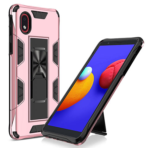 Custodia Silicone e Plastica Opaca Cover con Magnetico Supporto MQ1 per Samsung Galaxy A01 Core Oro Rosa