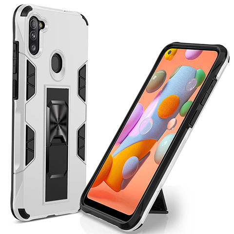 Custodia Silicone e Plastica Opaca Cover con Magnetico Supporto MQ1 per Samsung Galaxy A11 Bianco