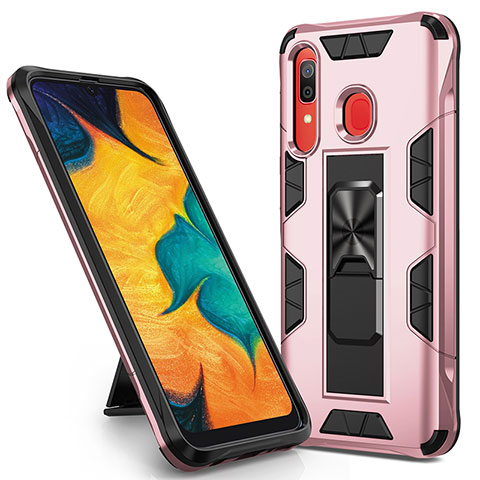 Custodia Silicone e Plastica Opaca Cover con Magnetico Supporto MQ1 per Samsung Galaxy A20 Oro Rosa