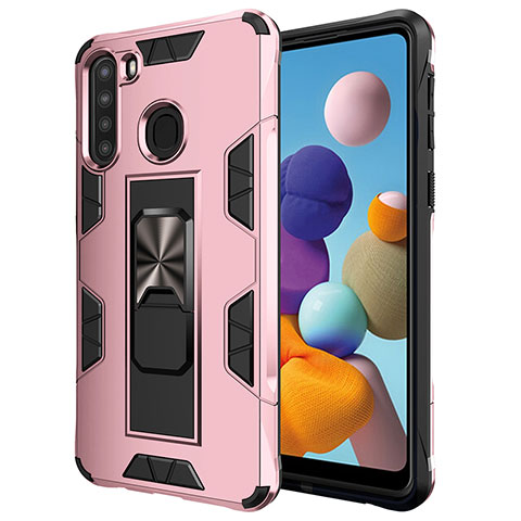 Custodia Silicone e Plastica Opaca Cover con Magnetico Supporto MQ1 per Samsung Galaxy A21 Oro Rosa