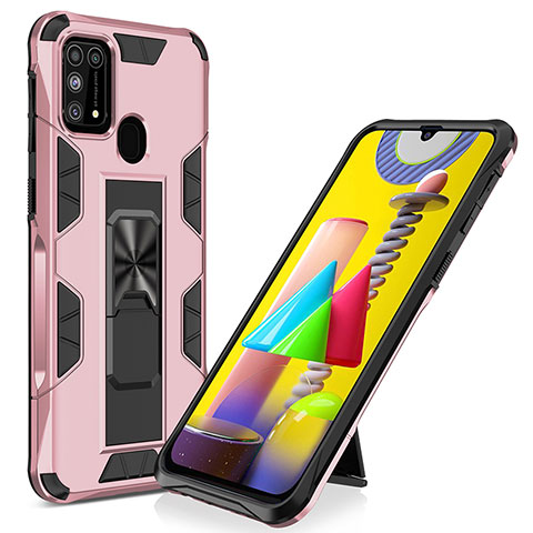 Custodia Silicone e Plastica Opaca Cover con Magnetico Supporto MQ1 per Samsung Galaxy M31 Oro Rosa