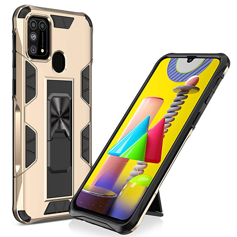 Custodia Silicone e Plastica Opaca Cover con Magnetico Supporto MQ1 per Samsung Galaxy M31 Prime Edition Oro