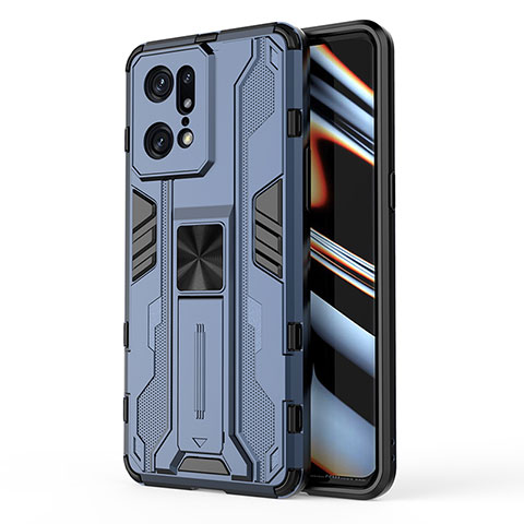 Custodia Silicone e Plastica Opaca Cover con Magnetico Supporto per Oppo Find X5 Pro 5G Blu