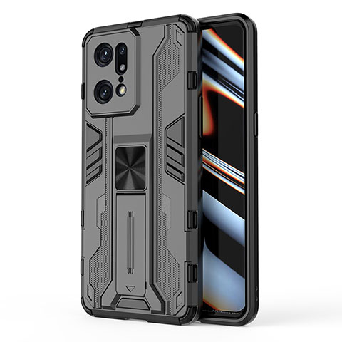 Custodia Silicone e Plastica Opaca Cover con Magnetico Supporto per Oppo Find X5 Pro 5G Nero