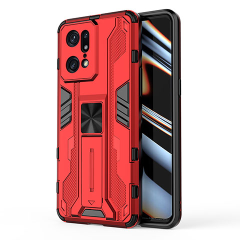 Custodia Silicone e Plastica Opaca Cover con Magnetico Supporto per Oppo Find X5 Pro 5G Rosso