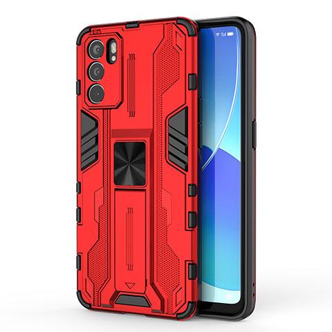 Custodia Silicone e Plastica Opaca Cover con Magnetico Supporto per Oppo Reno6 5G Rosso