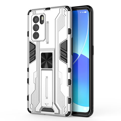 Custodia Silicone e Plastica Opaca Cover con Magnetico Supporto per Oppo Reno6 Pro 5G India Bianco