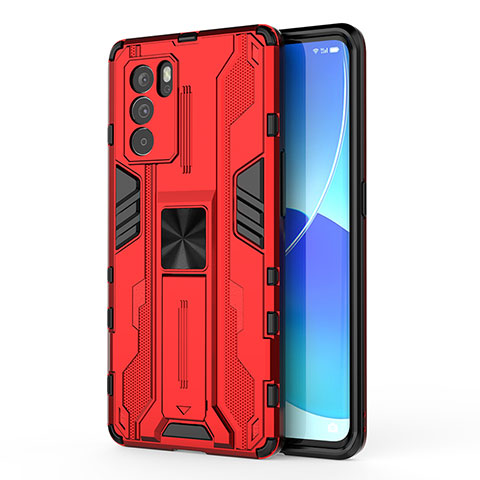 Custodia Silicone e Plastica Opaca Cover con Magnetico Supporto per Oppo Reno6 Pro 5G India Rosso