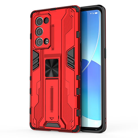 Custodia Silicone e Plastica Opaca Cover con Magnetico Supporto per Oppo Reno6 Pro 5G Rosso