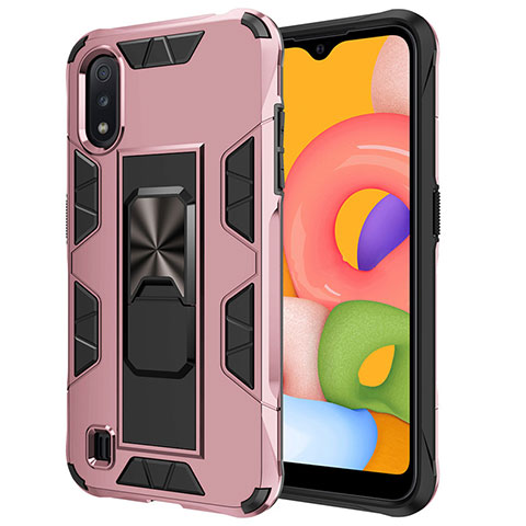 Custodia Silicone e Plastica Opaca Cover con Magnetico Supporto per Samsung Galaxy A01 SM-A015 Oro Rosa