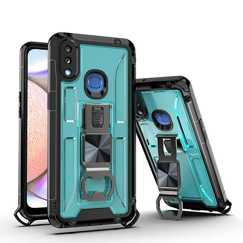 Custodia Silicone e Plastica Opaca Cover con Magnetico Supporto Q01W per Samsung Galaxy A10s Cielo Blu