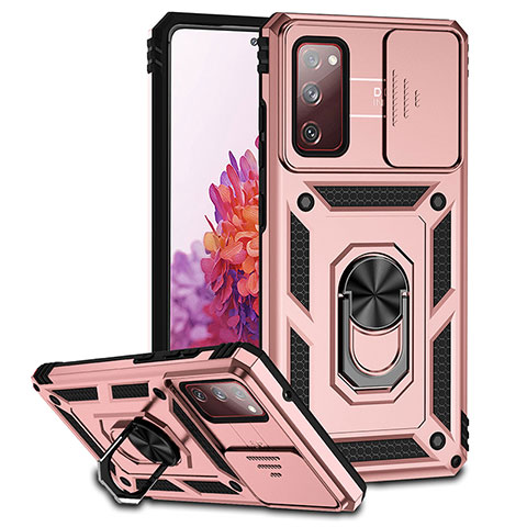 Custodia Silicone e Plastica Opaca Cover con Magnetico Supporto Q01W per Samsung Galaxy S20 FE 5G Oro Rosa