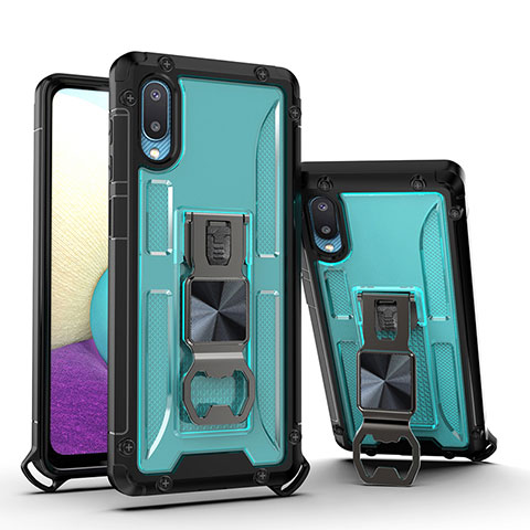 Custodia Silicone e Plastica Opaca Cover con Magnetico Supporto QW1 per Samsung Galaxy M02 Cielo Blu