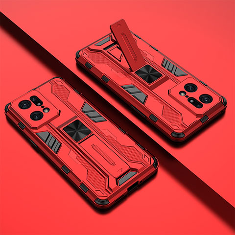 Custodia Silicone e Plastica Opaca Cover con Magnetico Supporto T01 per Oppo Find X5 Pro 5G Rosso